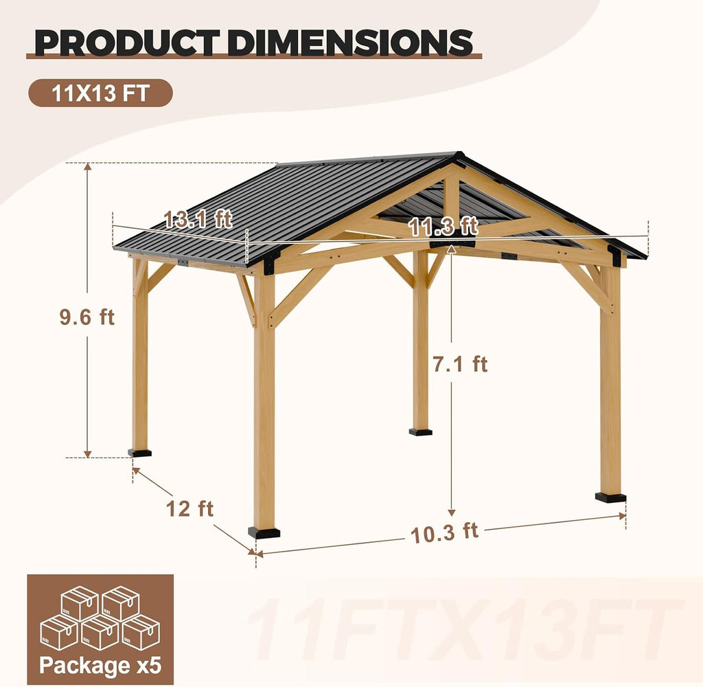 11x13 Hardtop Gazebo, Galvanized Steel Gable Roof Exposed Beam A-Frame Outdoor Pavilion with Cedar Wood Frame, Patio Gazebo for Deck, Garden, Lawn, Natural Wood/Black