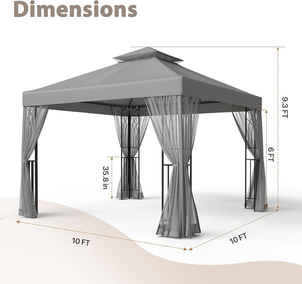 EAGLE PEAK 10x10 Patio Gazebo with Mesh Netting, Double Roof Outdoor Pavilion with Corner Shelves for Lawn, Deck, Garden and Backyard, Gray