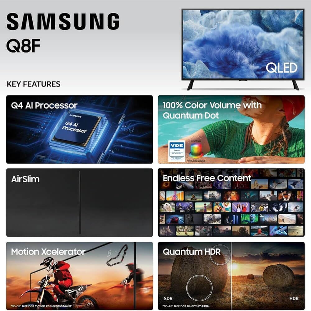 Samsung 32-Inch Q8F QLED 4K Smart TV, Quantum Dot, HDR+, 144Hz VRR, Slim Metal Design, Voice Remote, Includes 1-Year Warranty, AUX HDMI Cable & Streaming Bundle