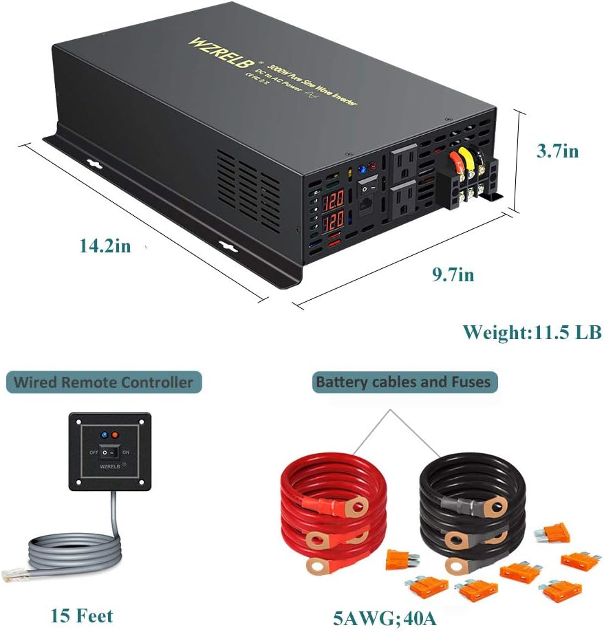 WZRELB 3000W 12VDC 120VAC Pure Sine Wave Power Inverter with 2 AC Outlets Wired Remote Control Car Inverter (RBP-300012WR)