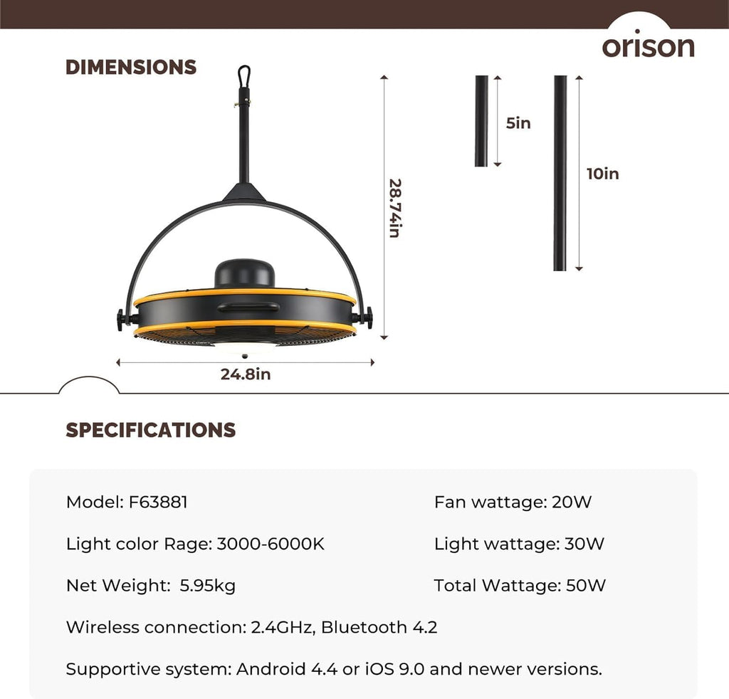 Orison 24.8'' Waterproof Outdoor Ceiling Fan, 6 Speed Ceiling Mounted Plug-In Cord Garage Fan with Remote&APP, 360-degree Manual Vertical Rotation, Hook hanging for Gazebo, Patio, Pergola (Yellow)