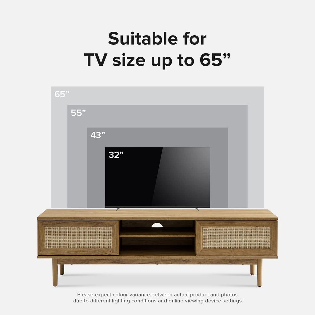 mopio Haylee TV Stand, Modern Farmhouse Television Stand for 55/60/65 inch TV, Natural Rattan Boho Entertainment Center with Storage, Media Console Credenza Table for Living Room, Bedroom (Oak 59')