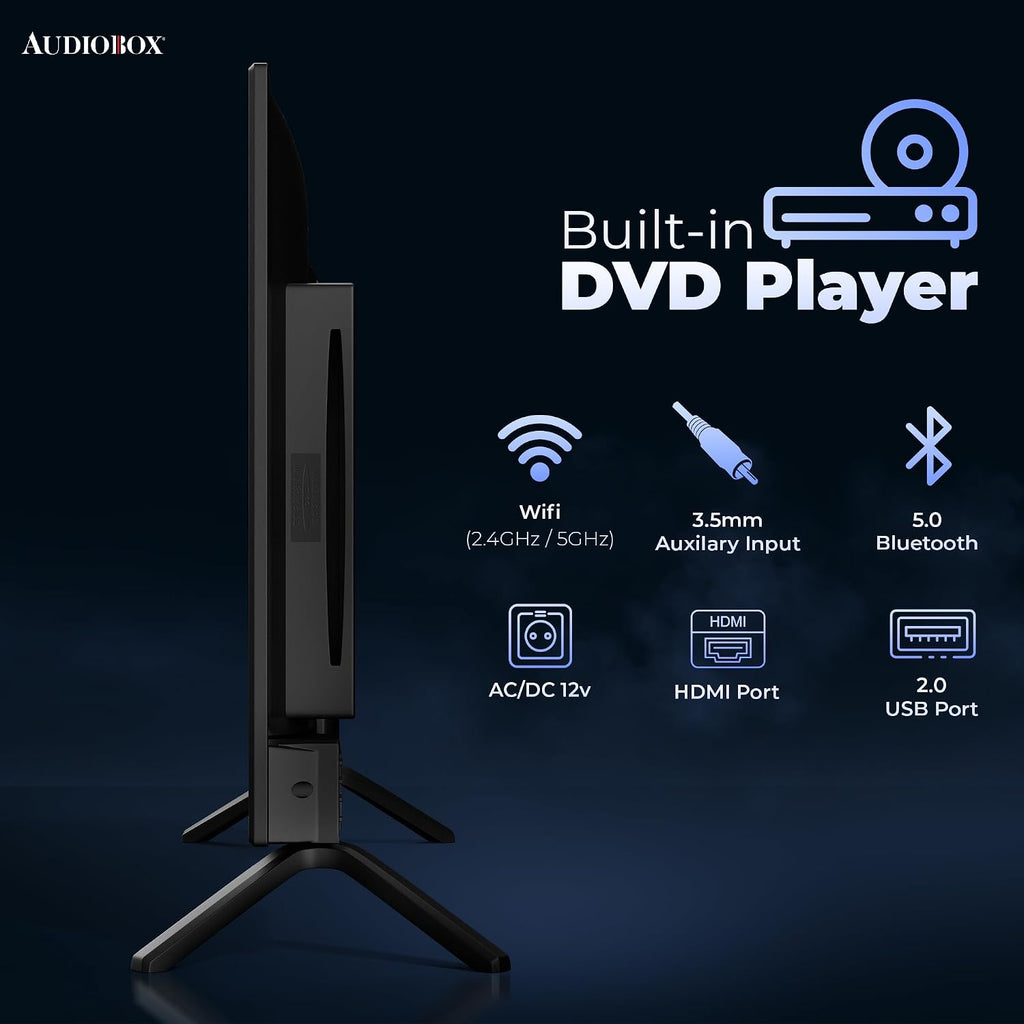 Audiobox Smart TV with Built in DVD Player – LED HDTV, AC/DC Compatible, Camper & RV TV for Travel, Home Entertainment, Gaming, HDMI, USB, VGA Inputs, 12V Cable Included, WiFi & Bluetooth (24-Inch)