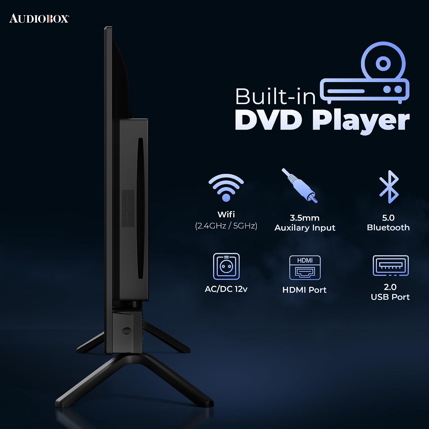Audiobox Smart TV with Built in DVD Player – LED HDTV, AC/DC Compatible, Camper & RV TV for Travel, Home Entertainment, Gaming, HDMI, USB, VGA Inputs, 12V Cable Included, WiFi & Bluetooth (24-Inch)