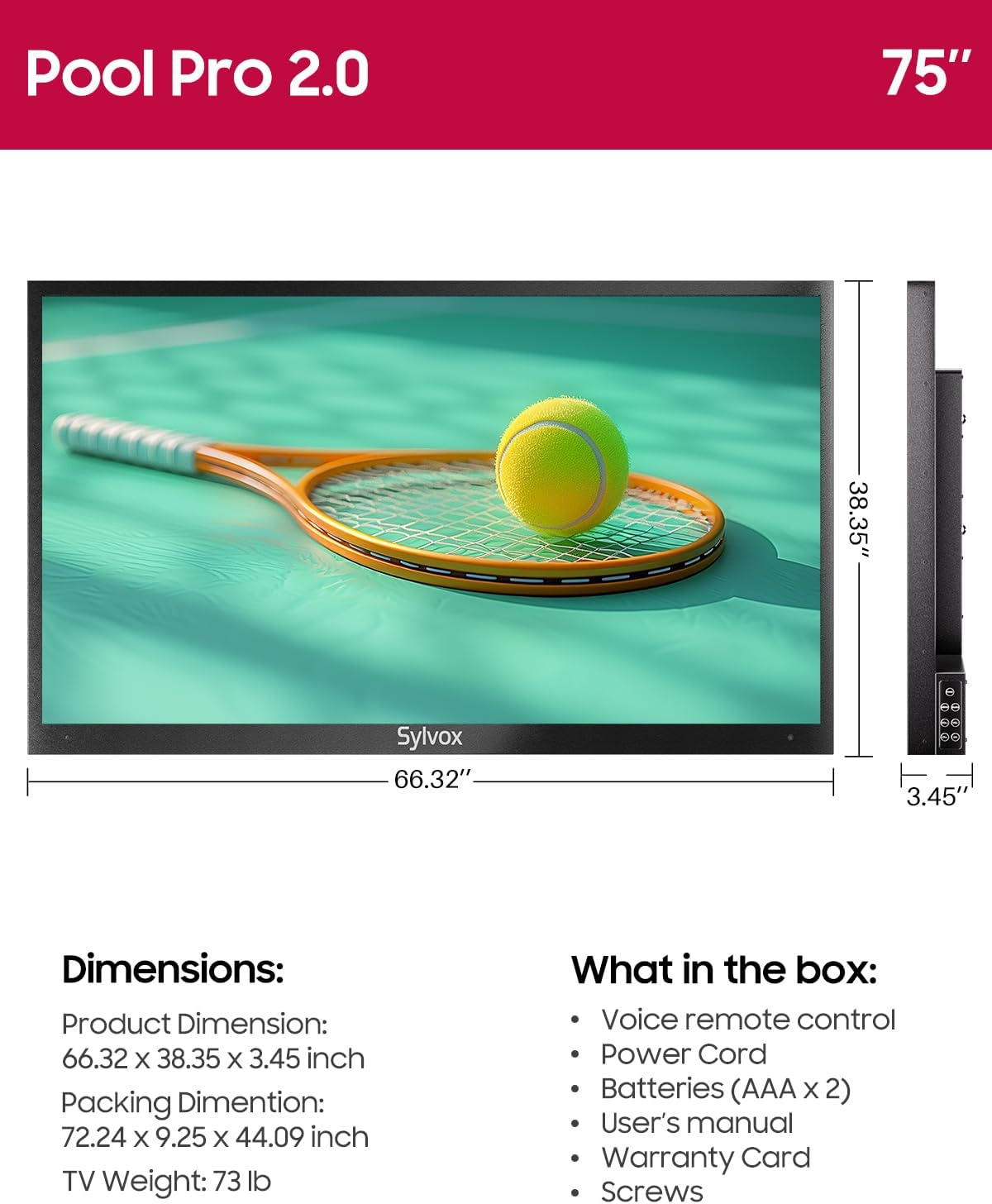 SYLVOX Outdoor TV, 75-Inch Waterproof Smart TV, 2000 nits Full Sun TV, 4K, Dolby Atmos, HDR10, Weatherproof Television with Voice Assistant Remote (Pool Pro 3.0, Latest Model)