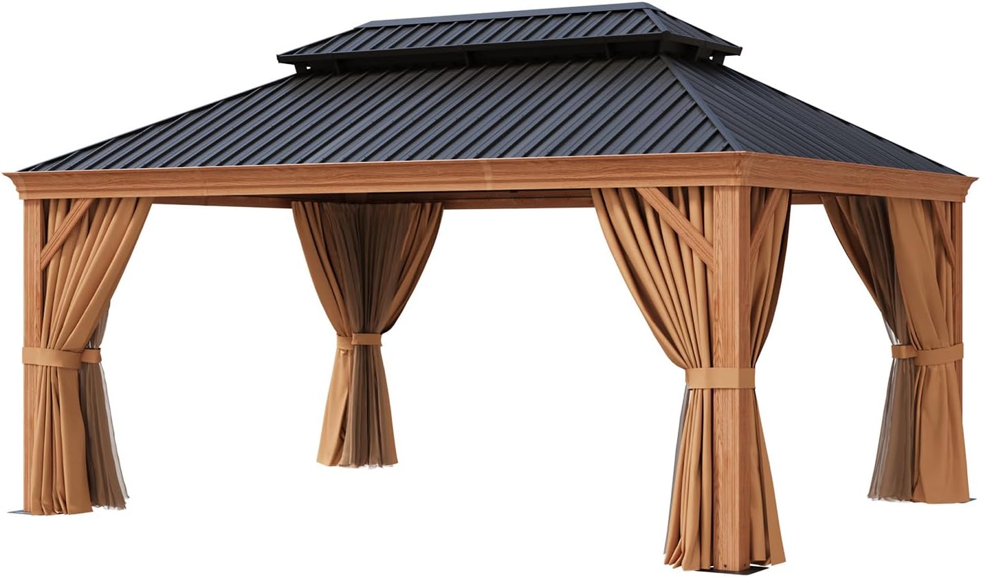 12' x 16' Hardtop Gazebo, Double Galvanized Steel Roof, Permanent Aluminum Pavilion with Privacy Curtains and Mosquito Netting, Durable Outdoor Metal Gazebo for Parties, Gardens and Lawns