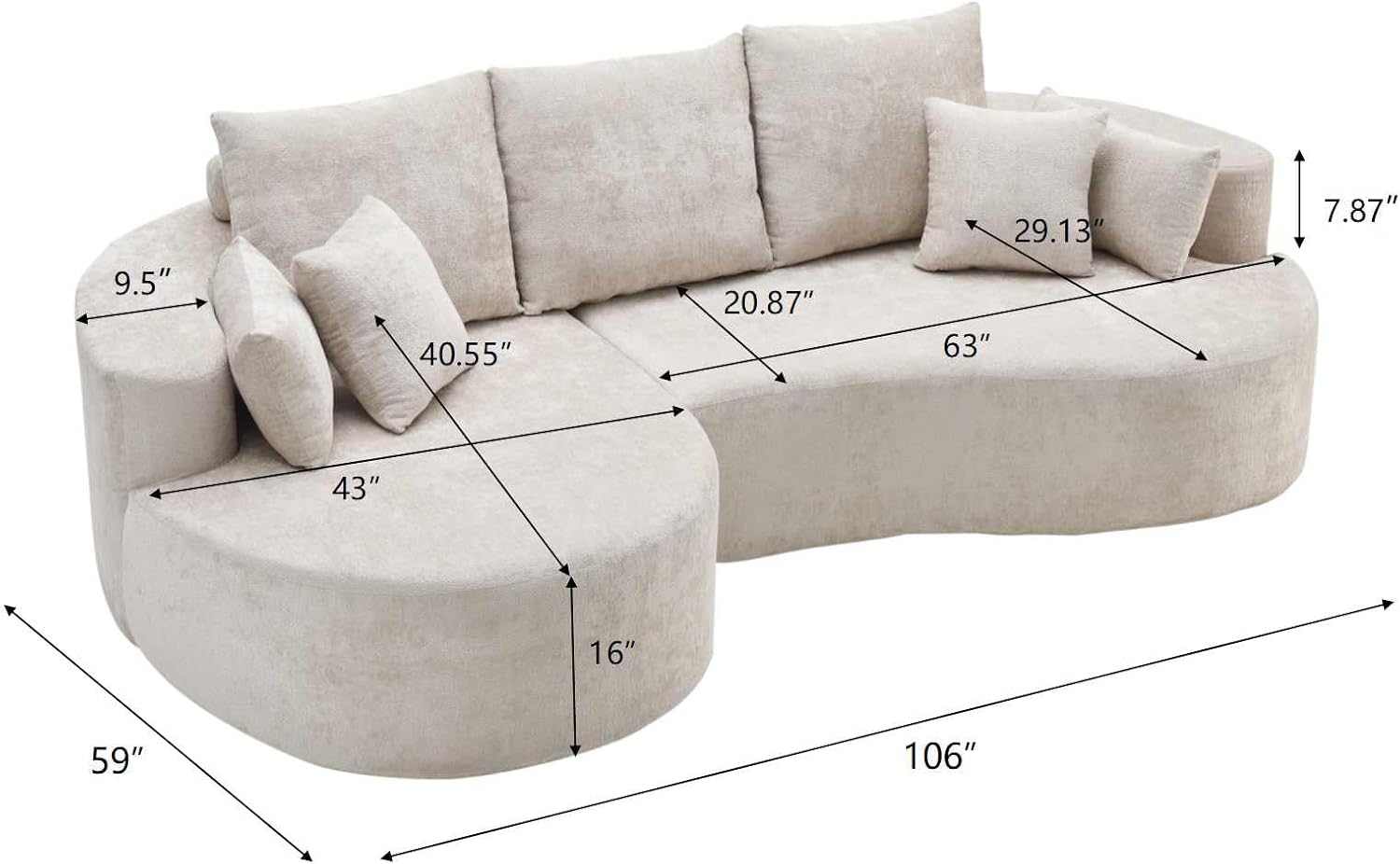 Christopher Knight Home Carden 106' Curved Modular Sectional Sofa, Comfy Sofa Couch with Chaise Lounge, Modern Cloud Couch with Deep Seat, Fabric Upholstered Set for Living Room Bedroom, Silver Lining
