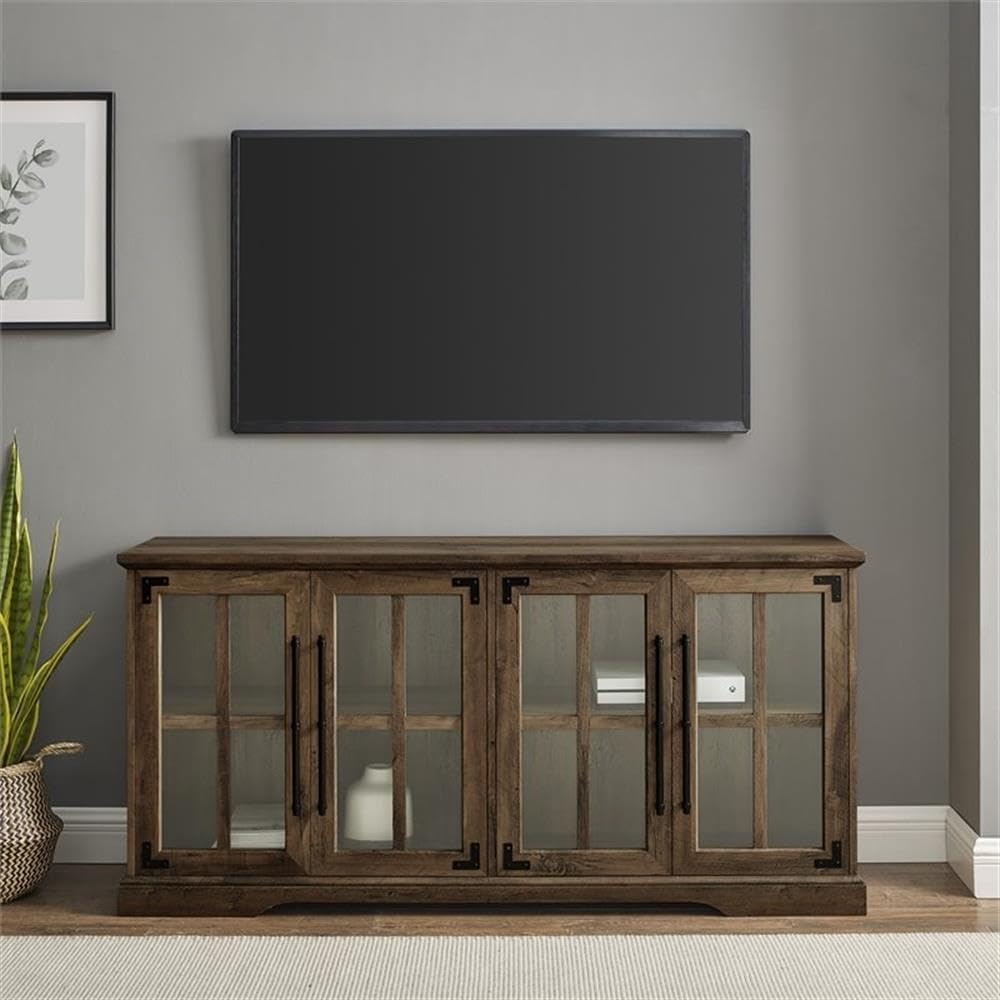 Pemberly Row Farmhouse 4 Door Wood TV Stand, Rustic Oak Finish, Tempered Glass Doors, Adjustable Shelves, Soft Close Hinges, Cord Management, 58'x16'x28', Fits TVs up to 64', Living Room Storage