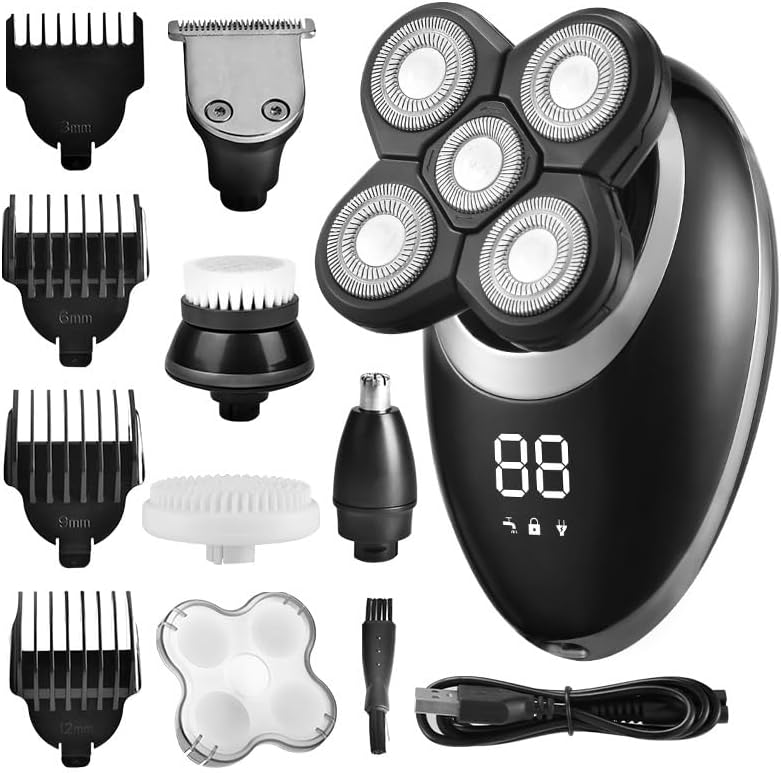 Head Shaver for Men, 5 in 1 Electric Shaver for Men Beard Hair Trimmer Electric Razor 5D Floating 5 Blade Heads Electric Nose Hair Trimmer LCD Display (Color : Silver-Package A)