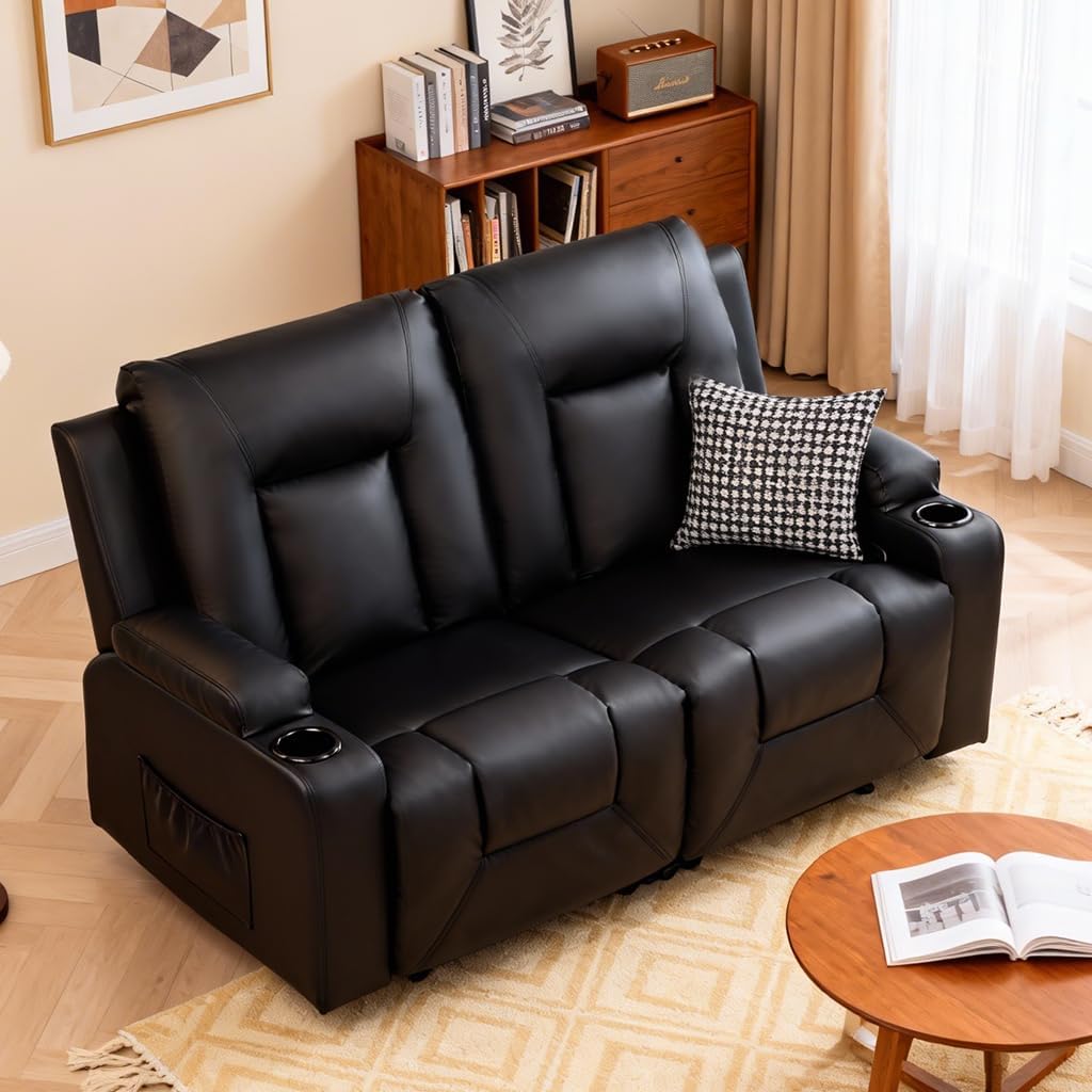 COMHOMA Living Room Furniture Set,Faux Leather Manual Recliner Sofa Sets with Cup Holders,Reclining Couch,Loveseat and Armchair,2,Black