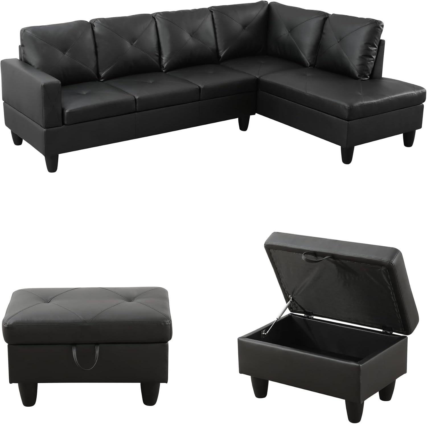 97.5' L Shaped Couch Set, Modular Sectional Couches for Living Room with Storage Ottoman, 4 Seat Home Sofa Living Room Furniture Sets with Chaise for Apartment Office (Faux Leather, Black)