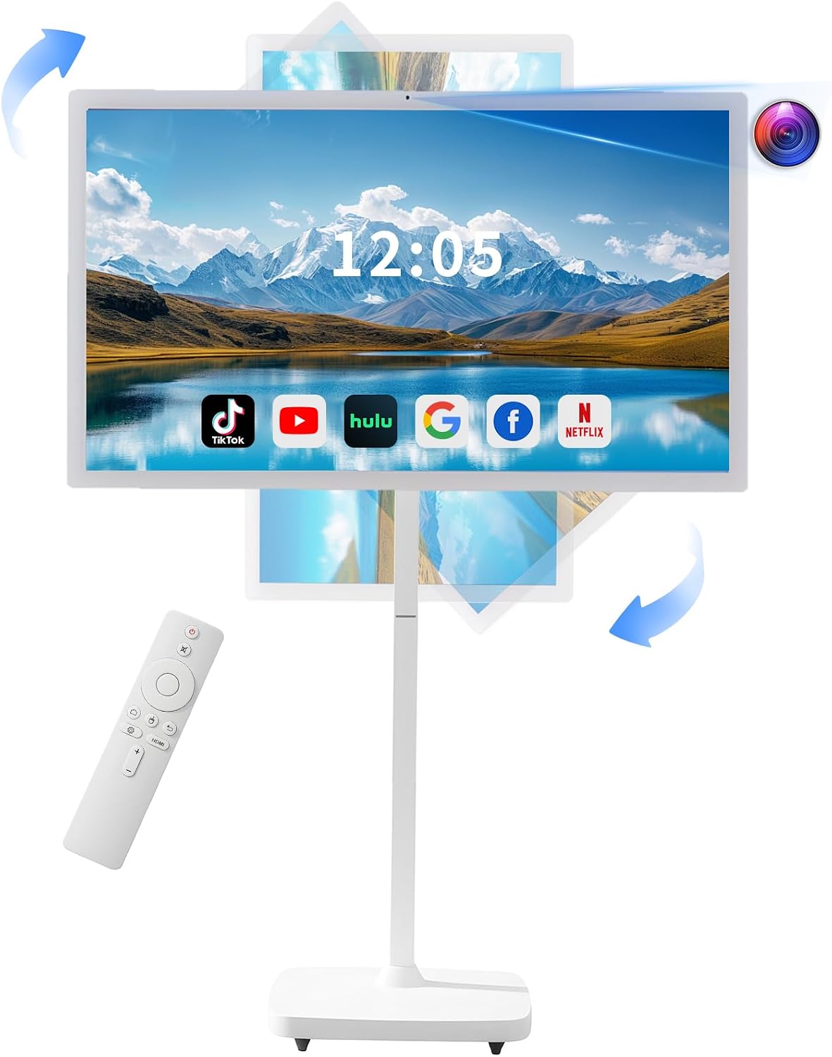 32 Inch Smart Portable TV on Wheels,FHD Touch-Screen-Monitor,Wireless RollableTV, 8G RAM,128G Storage,Built-in 6-8H Battery,Android 14,Full Swivel Rotation,Remote Control (White)