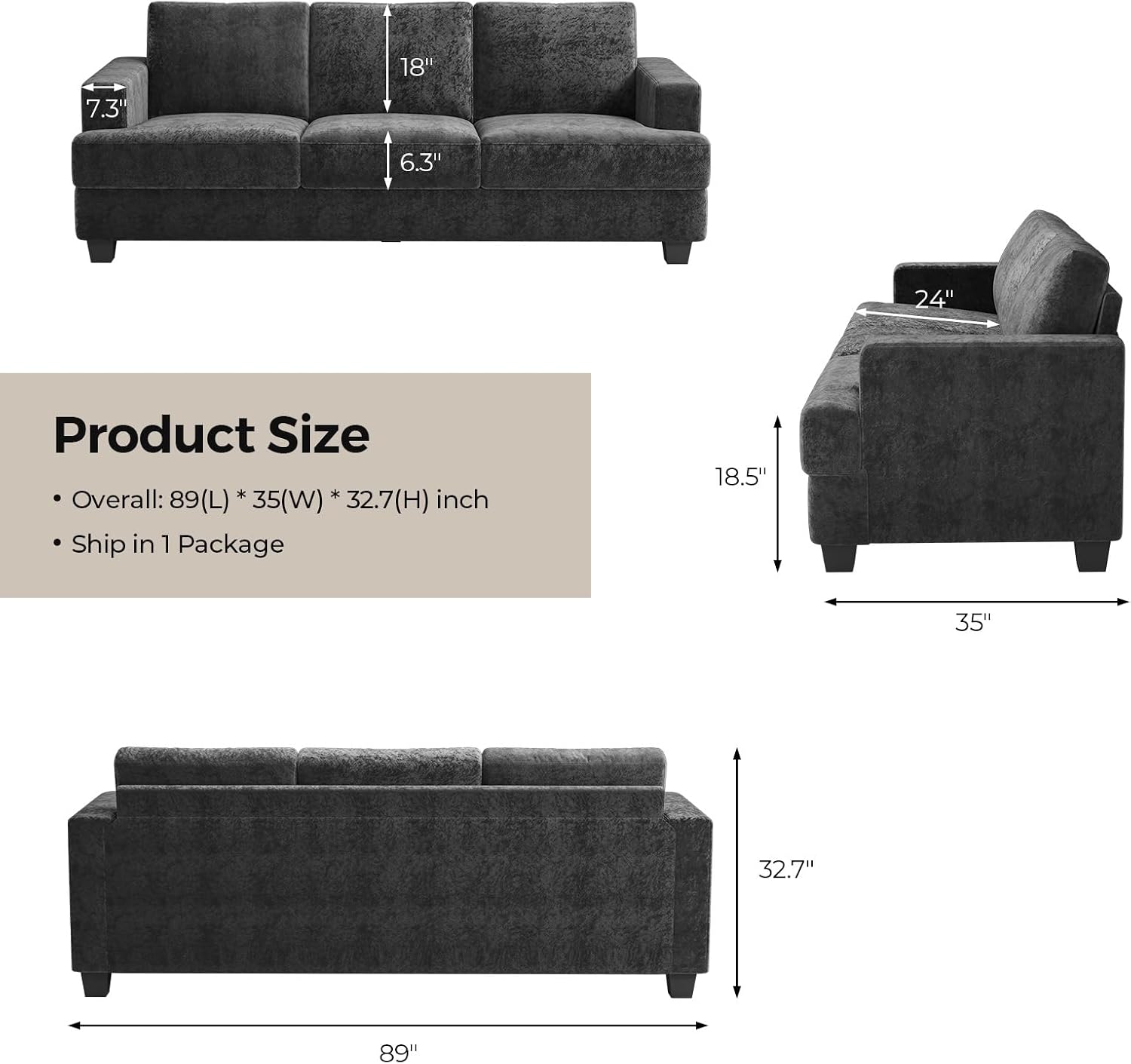 COPIAE 89 Inch Sofa with Extra Deep Seats Oversize,3 Seater Sofa for Living Room, Modern Couch and Sofa, Comfy Armrests and Seats and Backrests, Easy Installation,Chenille Fabric Gray
