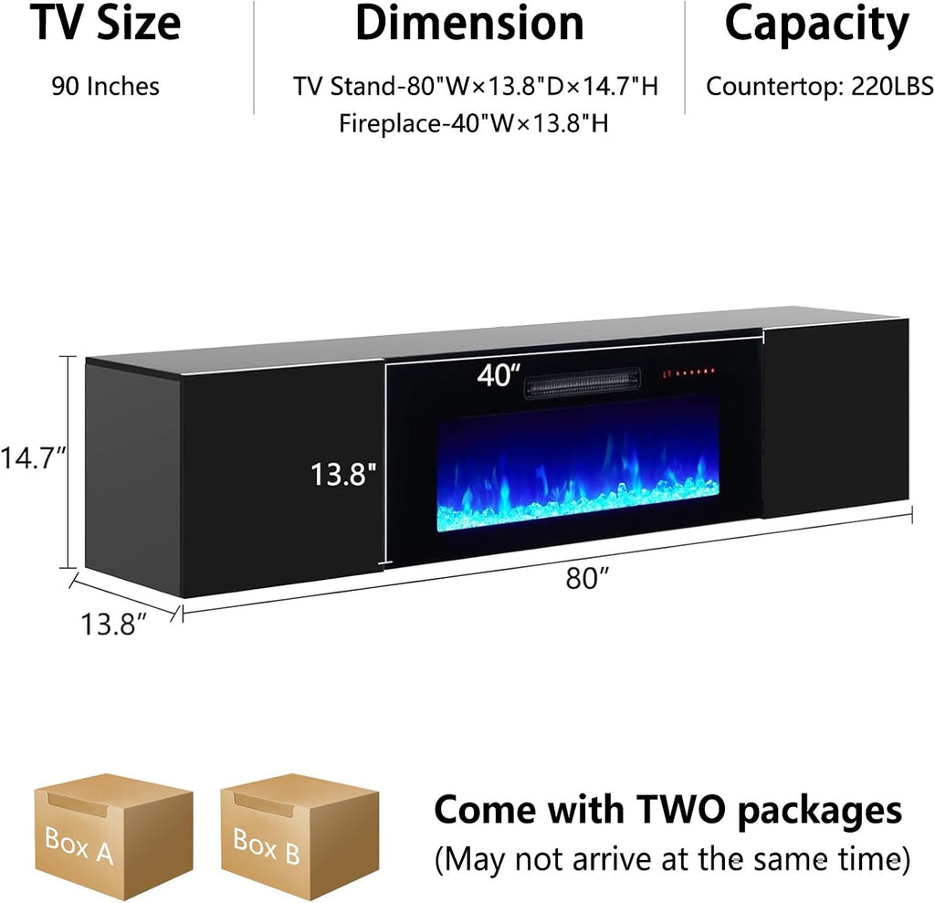 AMERLIFE Floating Fireplace TV Stand, Wall Mounted Mirrored Entertainment Center with 40' Electric Fireplace, Modern LED Lights Media Console for TVs Up to 90', Black