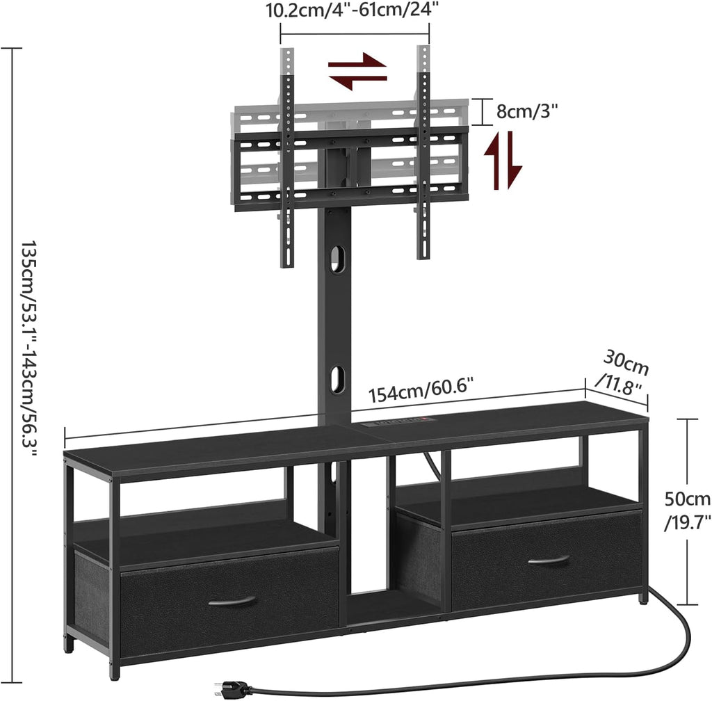 MAHANCRIS TV Stand with Mount for up to 75', Entertainment Center with Switch-Controlled Charging Station, Swivel TV Stand Mount with Fabric Drawers, for Living Room, Black TVBK154E01N2