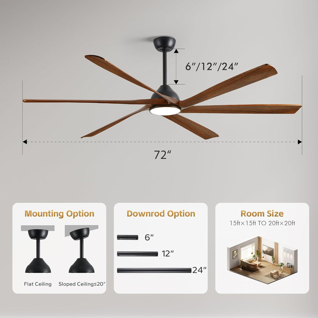 72 Inch Outdoor Ceiling Fan with Light, WiFi Smart Alexa/App/Remote Control, 6 Modern Farmhouse Solid Wood Blades, High CFM Reversible Quiet DC Motor, Damp Rated for Large Patios, Indoor High Ceiling