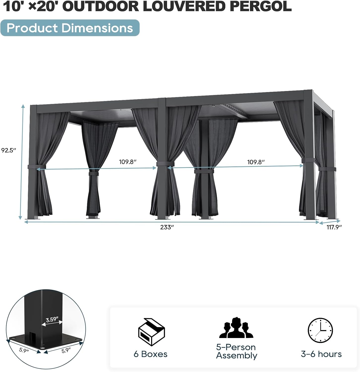 Outdoor Louvered Pergola 10' x 20', Aluminum Outdoor Louvered Pergola with Adjustable Roof, Adjustable Louvered Pergolas for Outdoor Deck, Patio, Lawn & Garden (10x20 Black with Curtain)