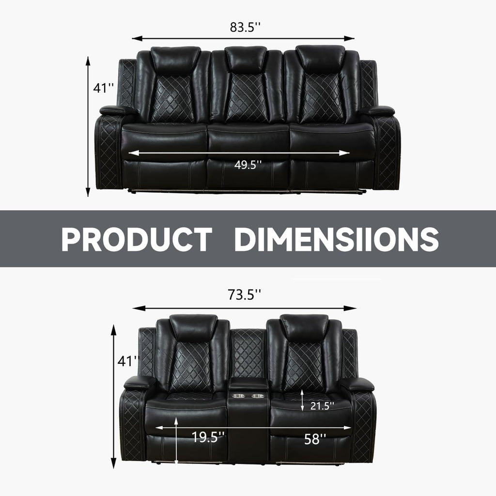 Power Recliner Set with LED Lights, Air Leather Reclining Set with USB Port/Wireless Charger/Storage Console/Cup Holder for House/HomeTheater/Apt (Black, Sofa Loveseat)