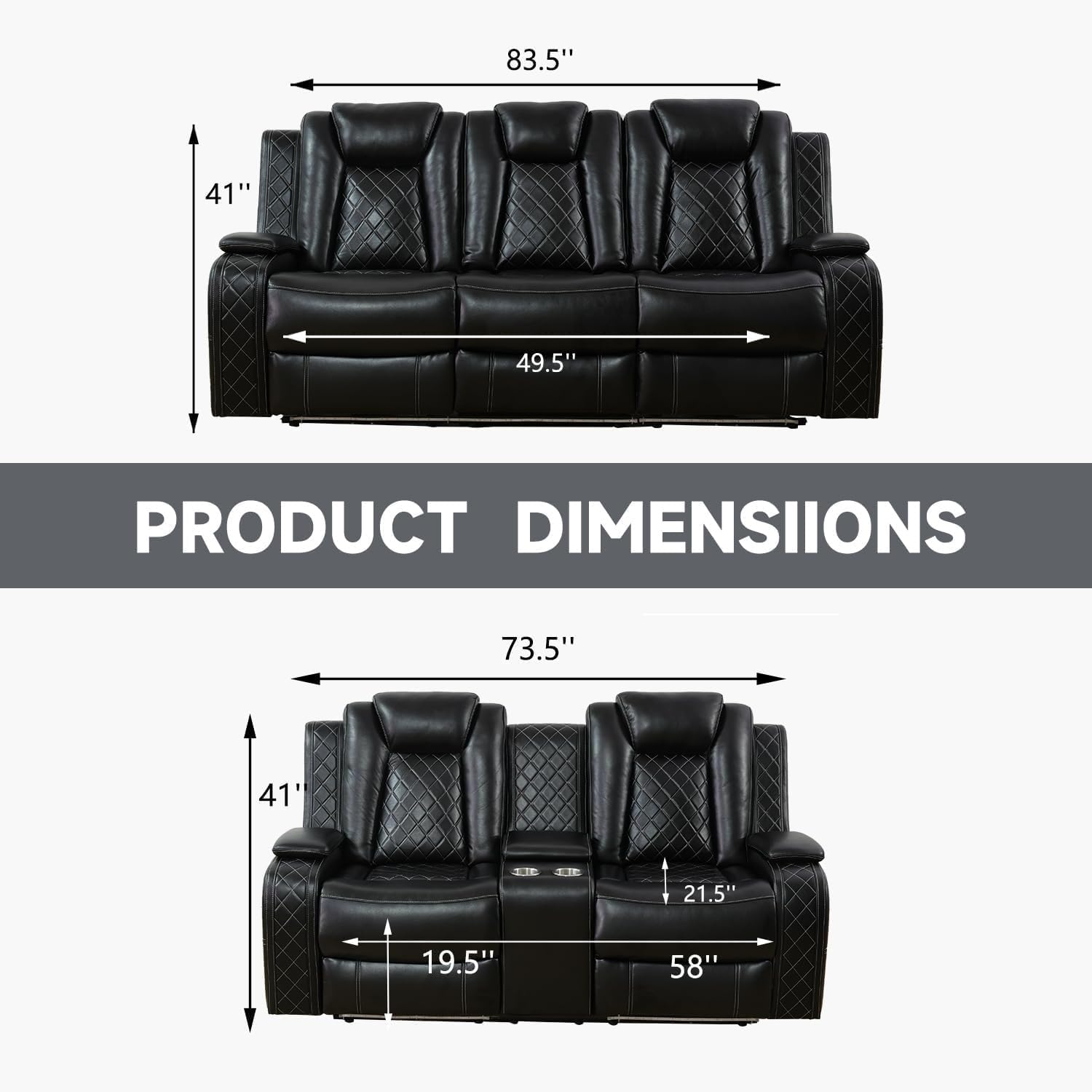 Power Recliner Set with LED Lights, Air Leather Reclining Set with USB Port/Wireless Charger/Storage Console/Cup Holder for House/HomeTheater/Apt (Black, Sofa Loveseat)