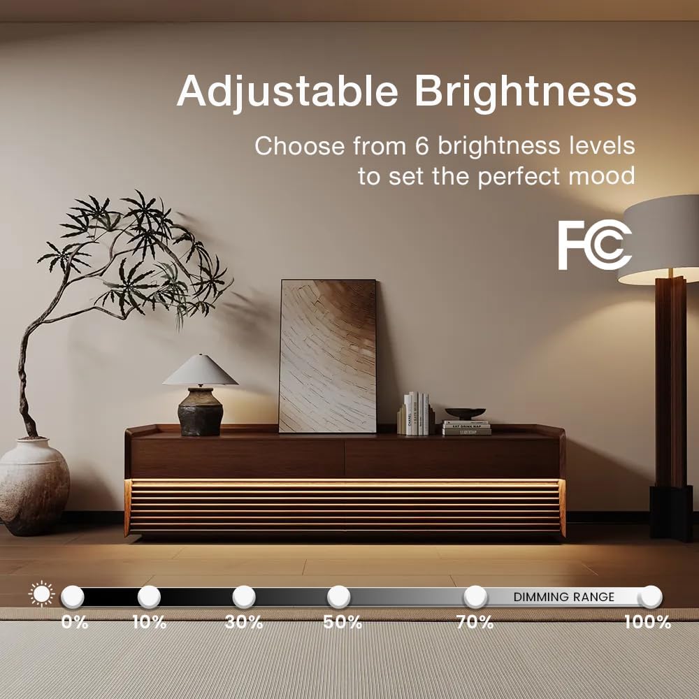 POVISON Fully-Assembled Mid Century Modern TV Stand, 70.87' Wood Media Console with Adjustable LED Light, Entertainment Center with Storage for Living Room