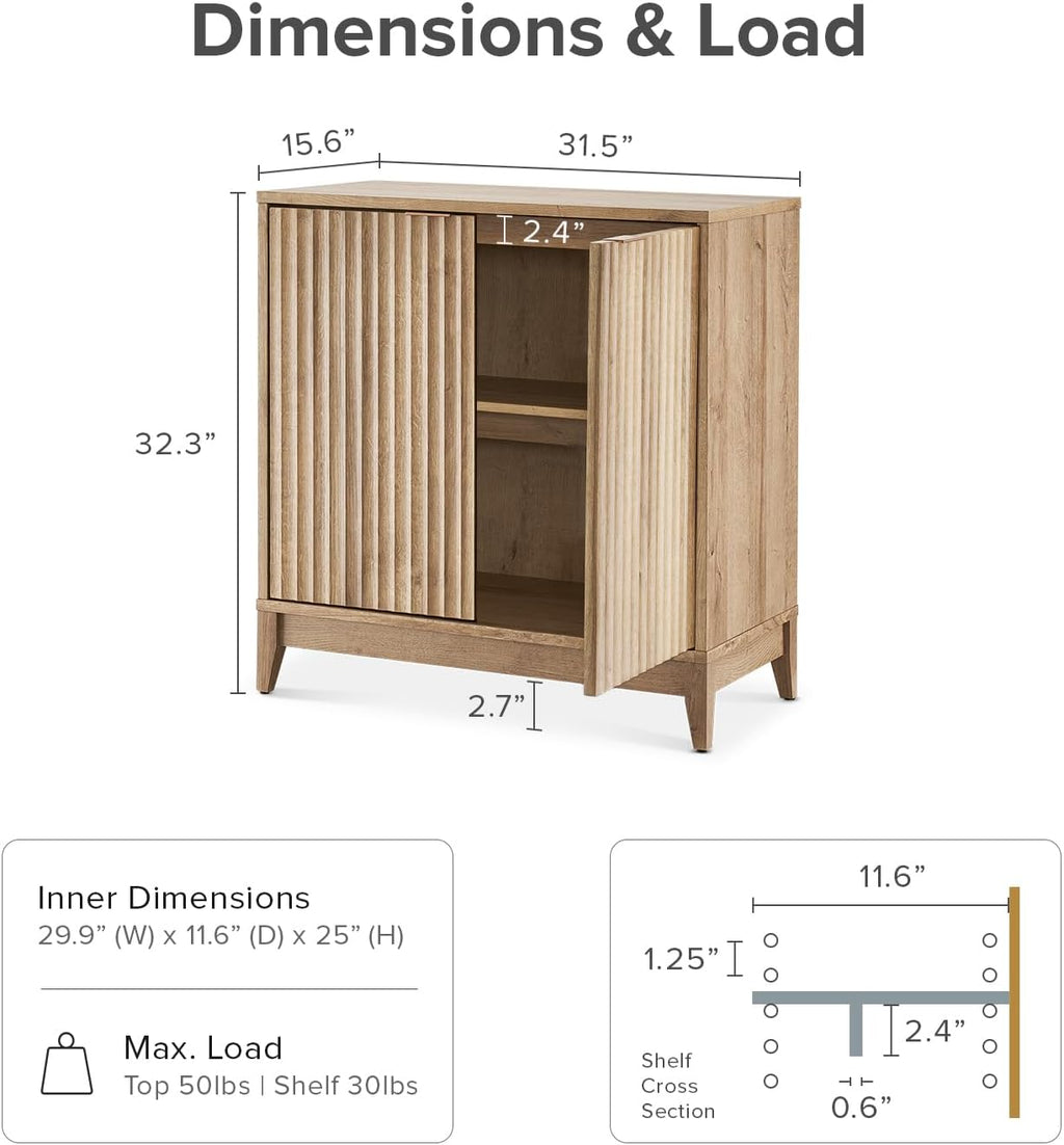 mopio Brooklyn Fluted Storage Cabinet, Modular Accent Buffet Sideboard with Adjustable Shelf, FSC Certified 50lb Load Modern Farmhouse Wood Credenza for Dining, Living Room, Entryway (Oak, Single)
