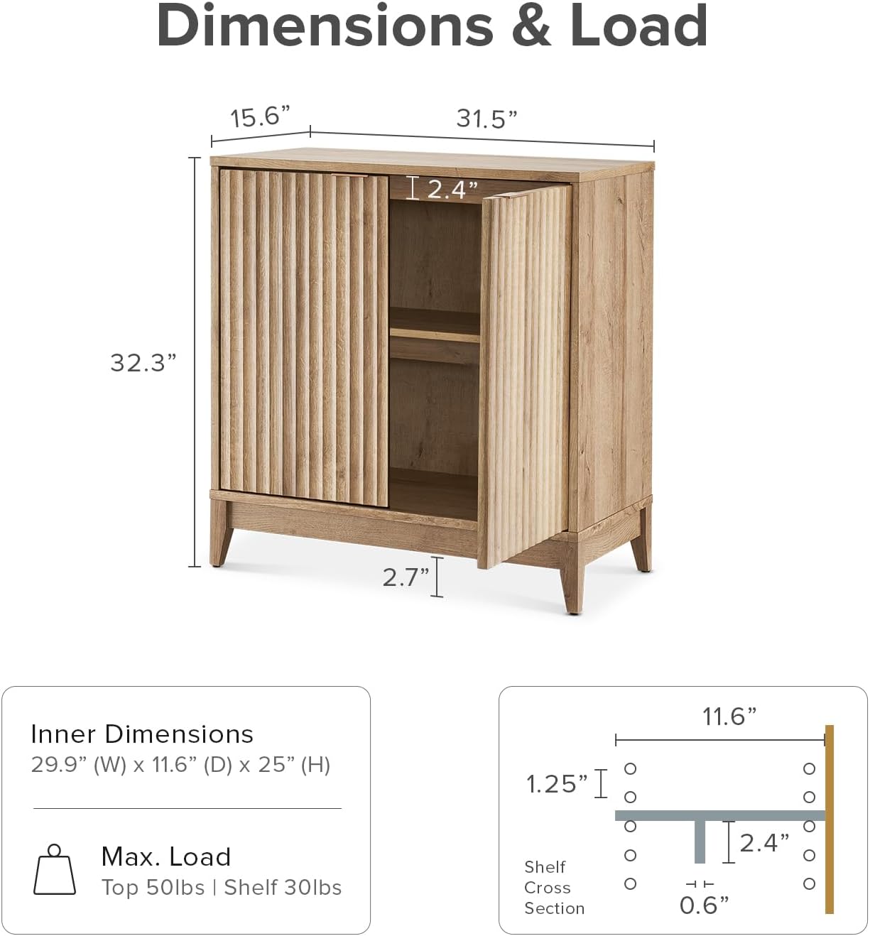 mopio Brooklyn Fluted Storage Cabinet, Modular Accent Buffet Sideboard with Adjustable Shelf, FSC Certified 50lb Load Modern Farmhouse Wood Credenza for Dining, Living Room, Entryway (Oak, Single)