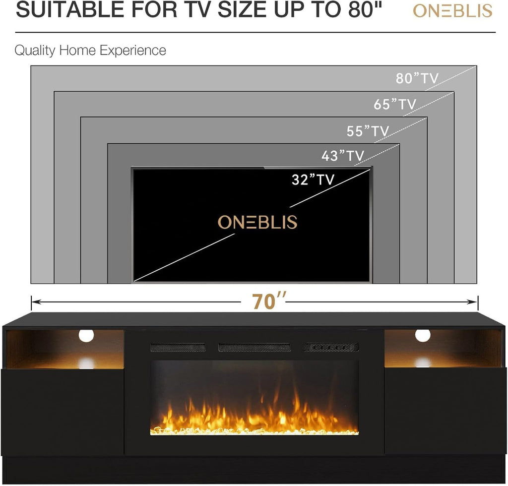70' Fireplace TV Stand with 36' Electric Fireplace, LED Light Entertainment Center for TVs Up to 80', High-Gloss Door, Modern TV Console for Living Room with Storage Cabinet, Black+Black