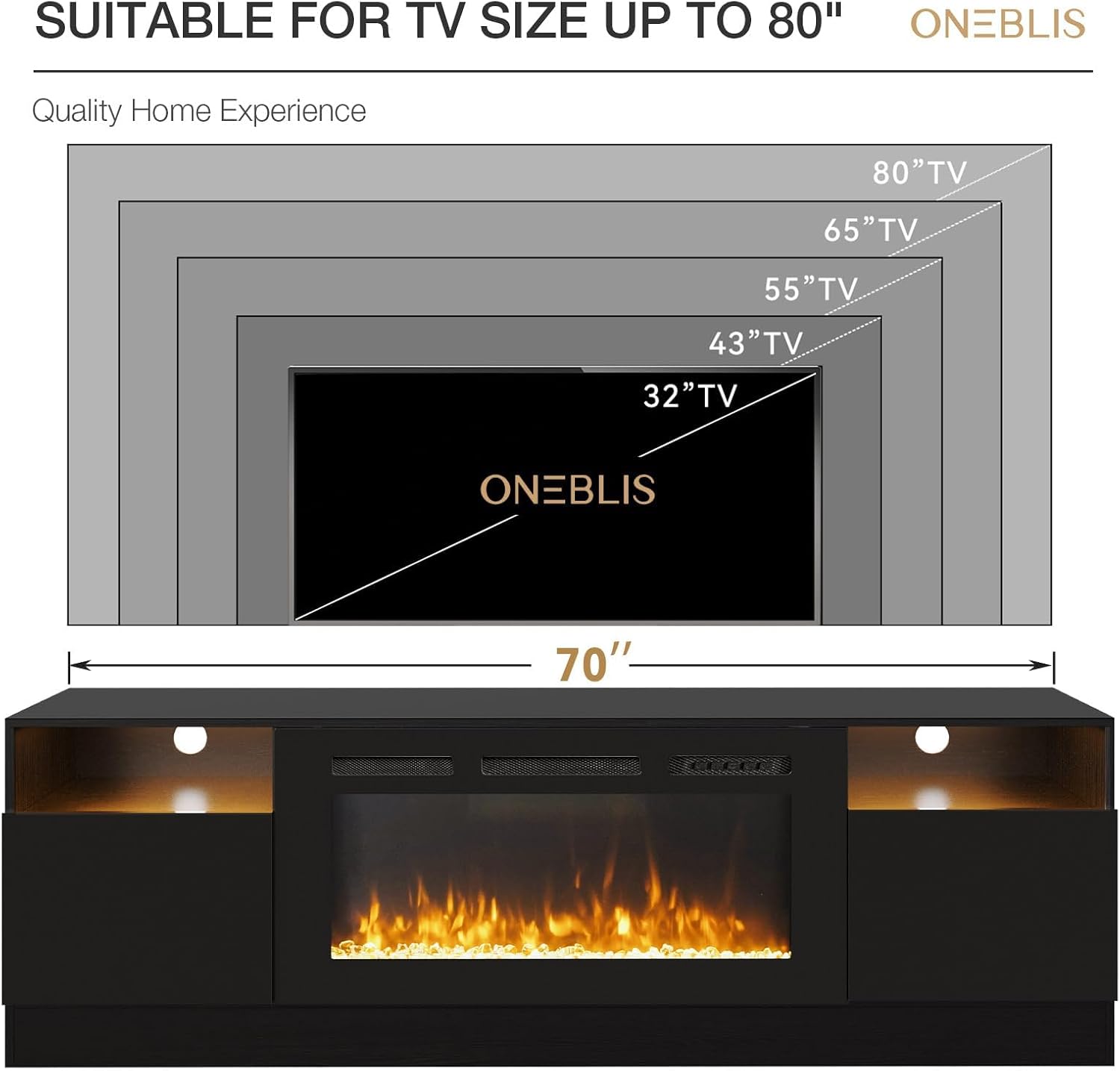 70' Fireplace TV Stand with 36' Electric Fireplace, LED Light Entertainment Center for TVs Up to 80', High-Gloss Door, Modern TV Console for Living Room with Storage Cabinet, Black+Black
