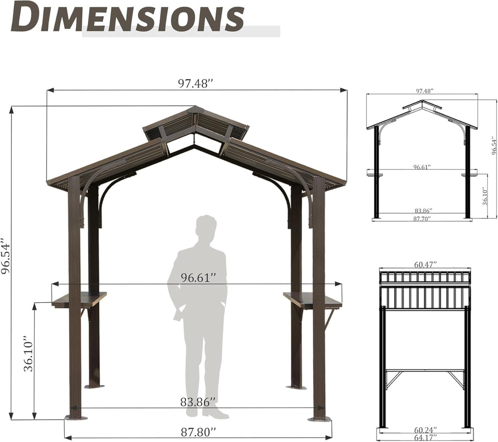 8×5FT Hardtop Grill Gazebo, Outdoor BBQ Gazebo w,Galvanized Steel Double Roof, Permanent Sun Shade Grill Canopy with 2 Side Shelves and Ceiling Hook for Patio Deck Yard G(Brown)