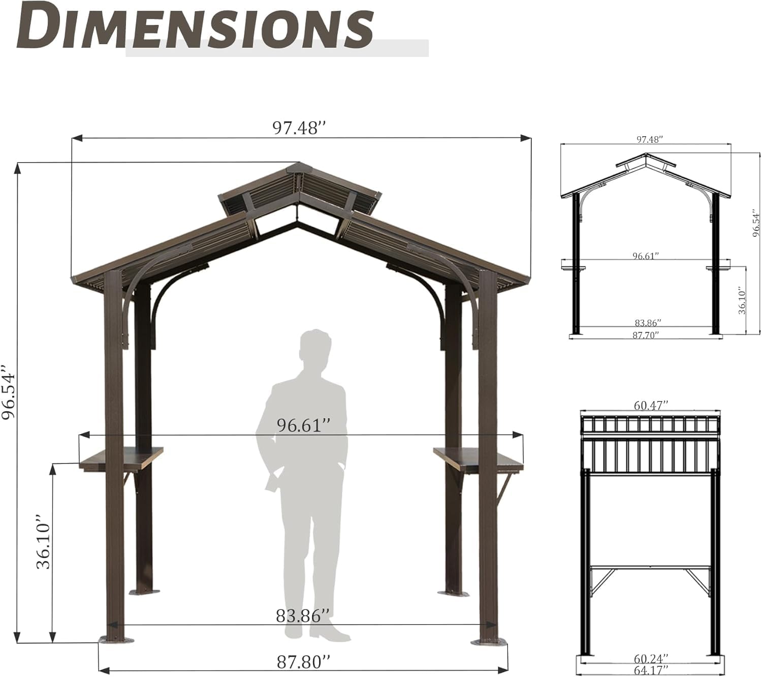 8×5FT Hardtop Grill Gazebo, Outdoor BBQ Gazebo w,Galvanized Steel Double Roof, Permanent Sun Shade Grill Canopy with 2 Side Shelves and Ceiling Hook for Patio Deck Yard G(Brown)