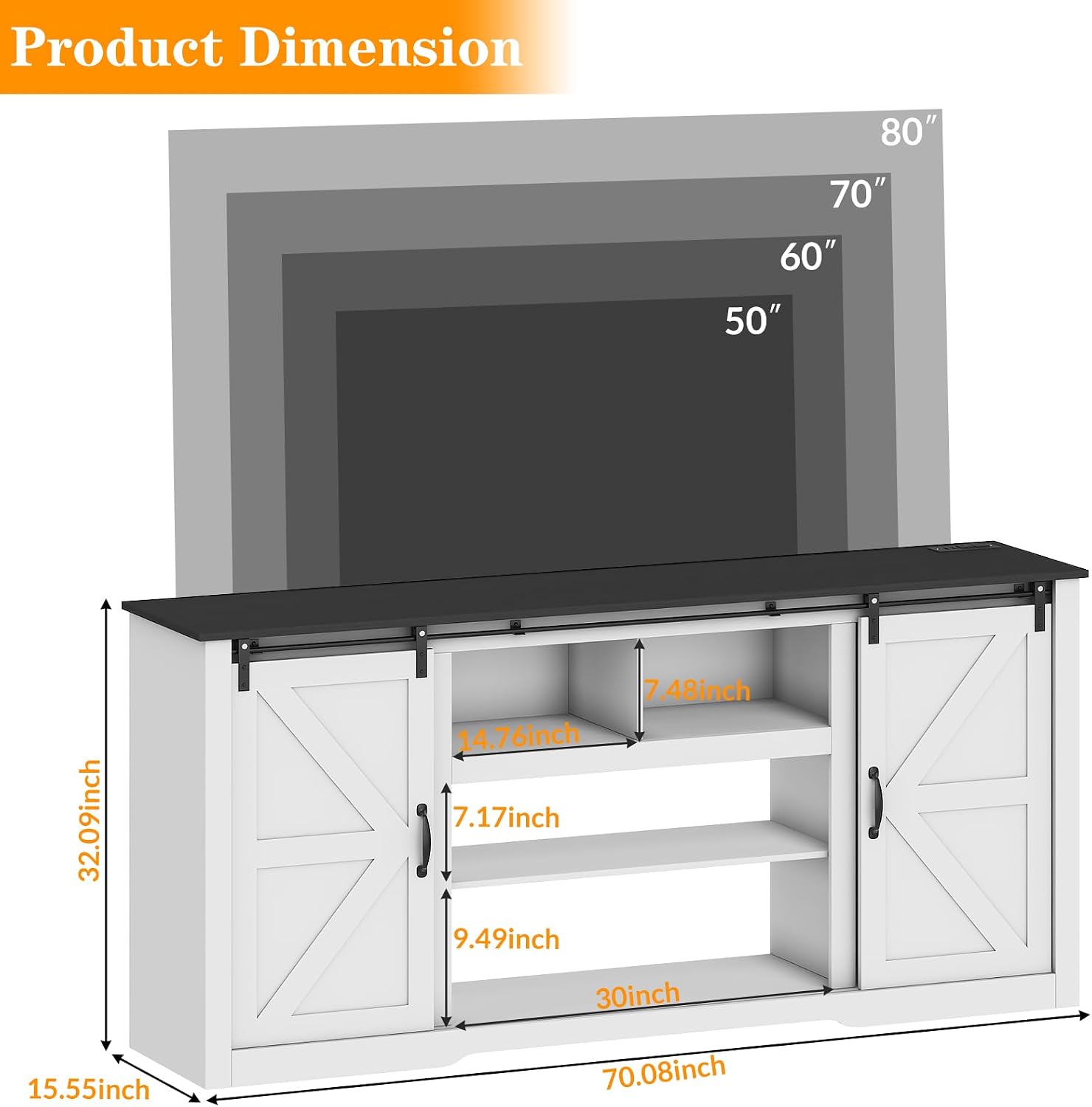 GarveeHome 70' Farmhouse TV Stands for 80-85' TVs, Rustic Wooden Entertainment Center with Adjustable Shelves & Sliding Barn Door, TV Console Table with Open Storage for Home, White+Black Top