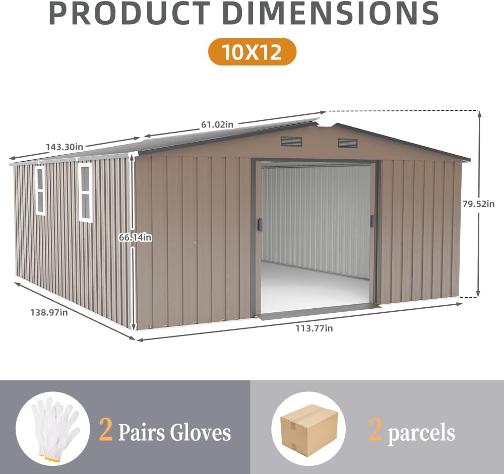 10x12 FT Outdoor Storage Shed with Windows, Brown Color Steel Metal Garden Shed with Protective Film, 0.25mm Roof & Wall Panels, Gift Tool Kit Included