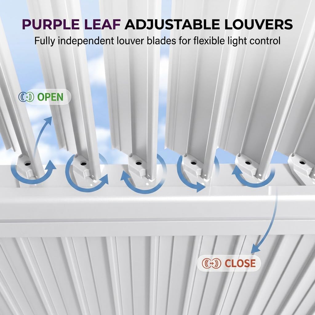 PURPLE LEAF Louvered Pergola 10x16 ft Solar LED Lights Heavy Duty Aluminum Outdoor Pergola with Hidden Drainage System for Patio Backyard Garden Deck, White