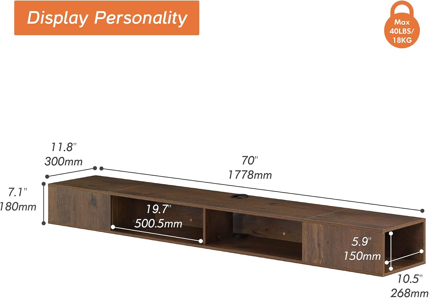 WAMPAT Floating TV Stand, 70 inch Media Console for 75 inch TV, Wall Mounted Storage for Living Room, Brown