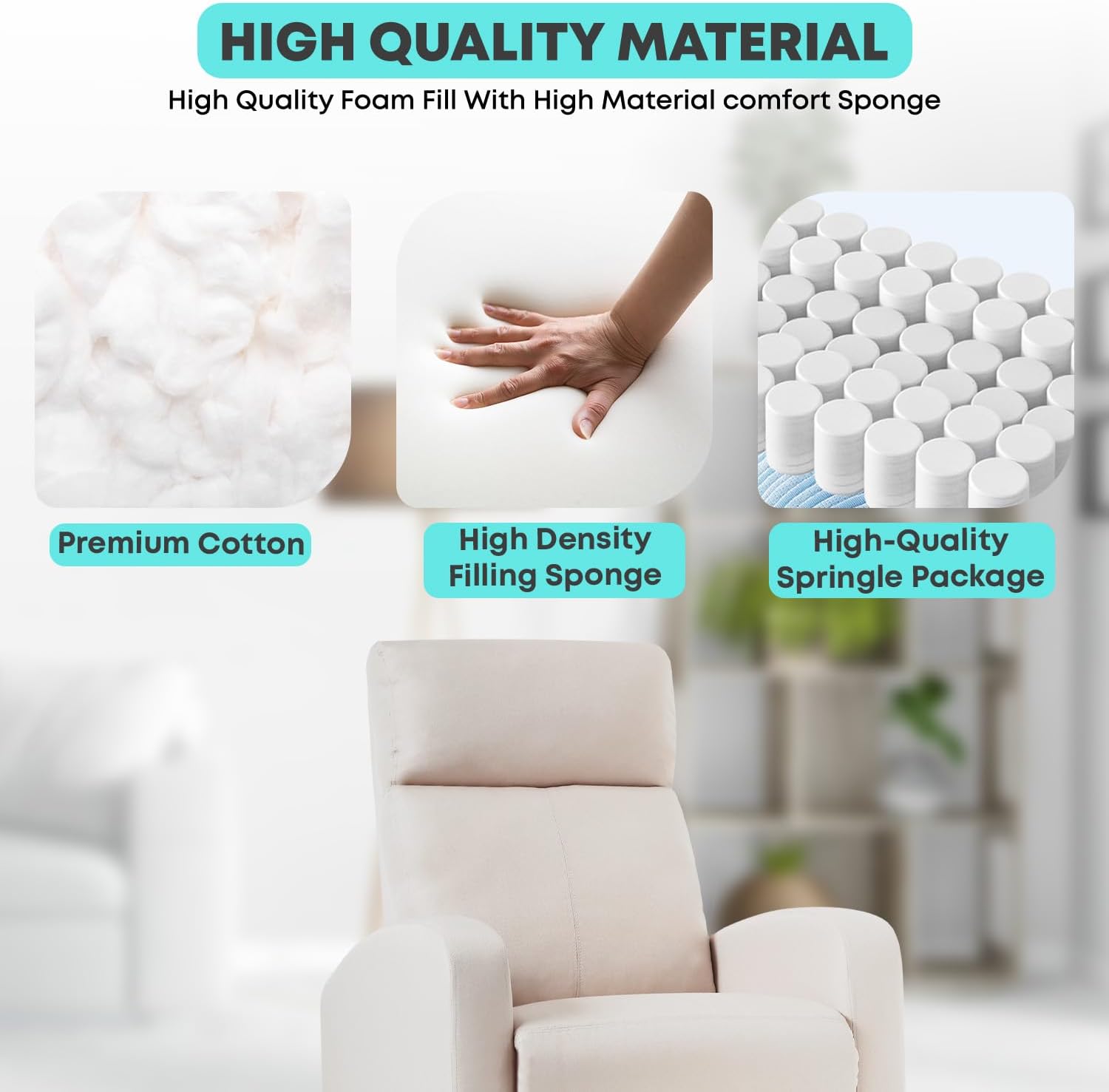 FDW Recliner Chair Home Theater Seating Reclining Sofa Push Back Recliner with Lumbar Support and Fabric Padded Seat Backrest for Living Room (Fabric Beige)