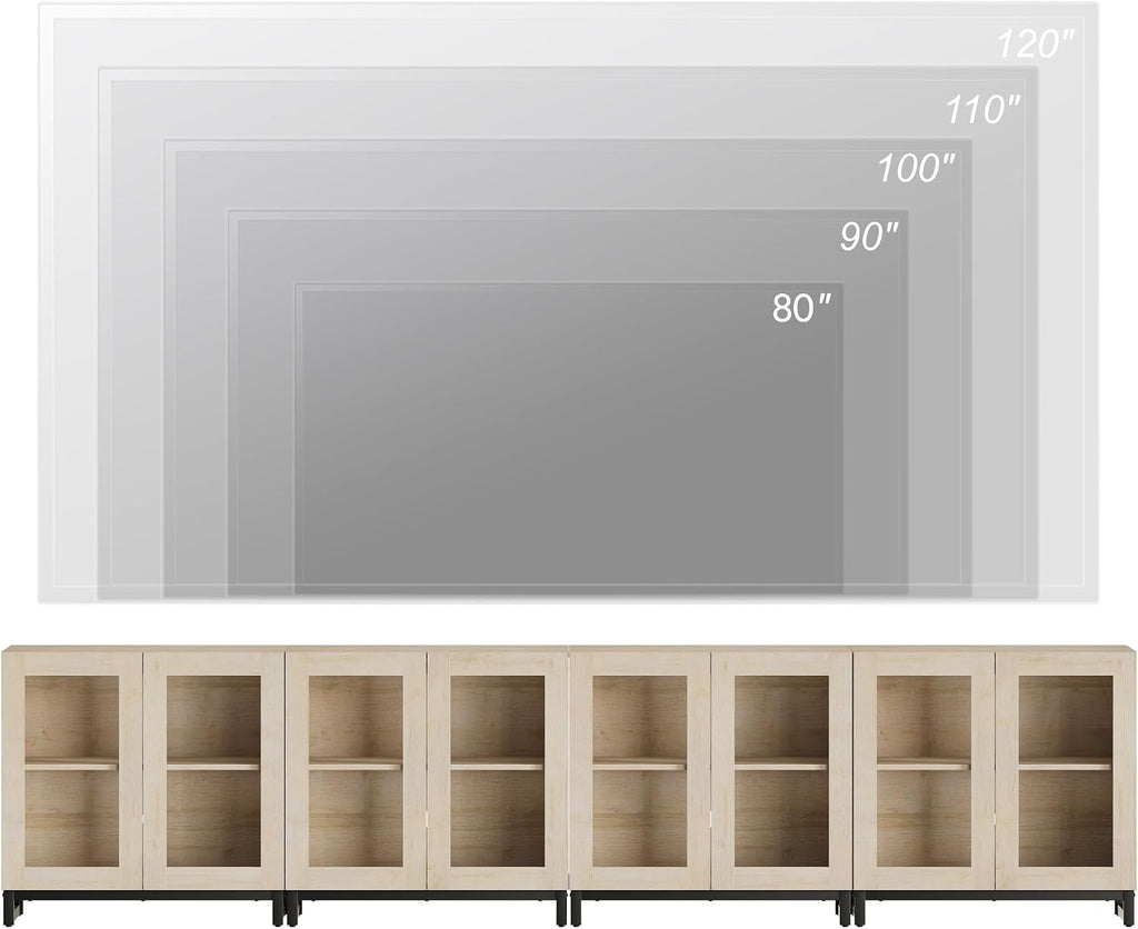 WAMPAT Modern TV Stand with Glass Doors for 80-120 inch TVs, 4 in 1 Entertainment Center Console with Adjustable Shelves and Metal Base for Living Room, Bedroom, Beige