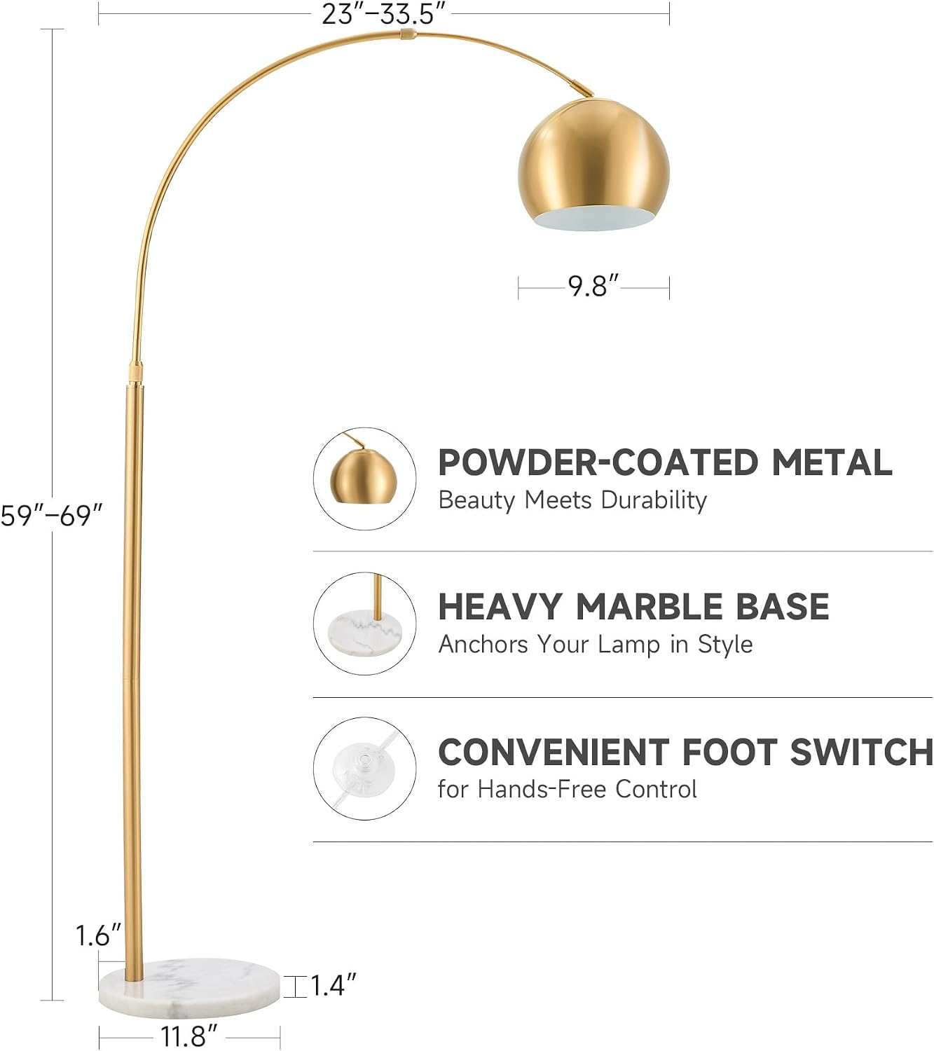 CO-Z 69' Modern Arc Floor Lamp, Gold Standing Light with Adjustable Metal Shade and Marble Base, LED Bulb Included, Contemporary Lighting for Living Room or Sofa