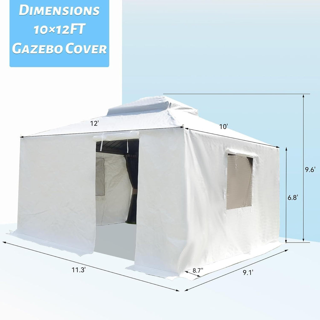 10'X12' Gazebo Cover for Hardtop Gazebos, Outdoor Universal Winter Gazebo Cover with Sidewalls and Mesh Windows, All Season Waterproof Enclosed Gazebo Cover, White
