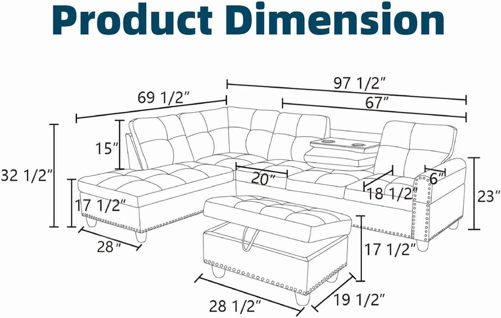 97.5' Leather L Shaped Couch Set Black, Modular Sectional Couches for Living Room with Storage Ottoman, 4 Seat Home Sofa Living Room Furniture Sets with Chaise for Apartment Office