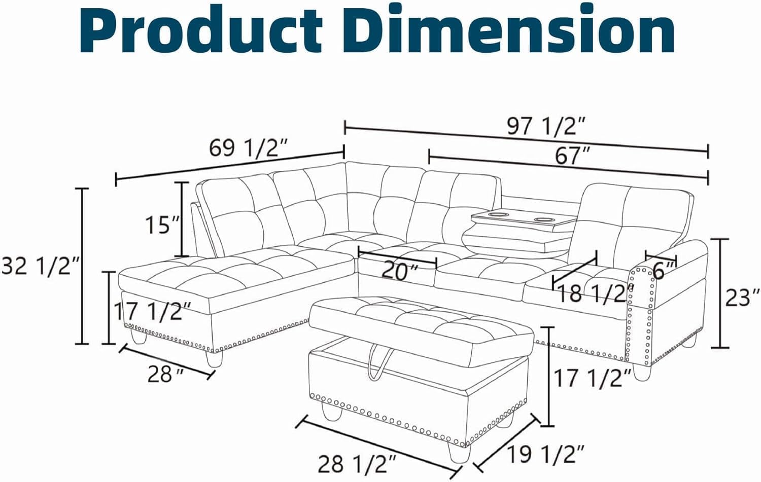 97.5' L Shaped Couch Set Linen, Modular Sectional Couches for Living Room with Storage Ottoman, 4 Seat Home Sofa Living Room Furniture Sets with Chaise for Apartment Office (Black Grey)