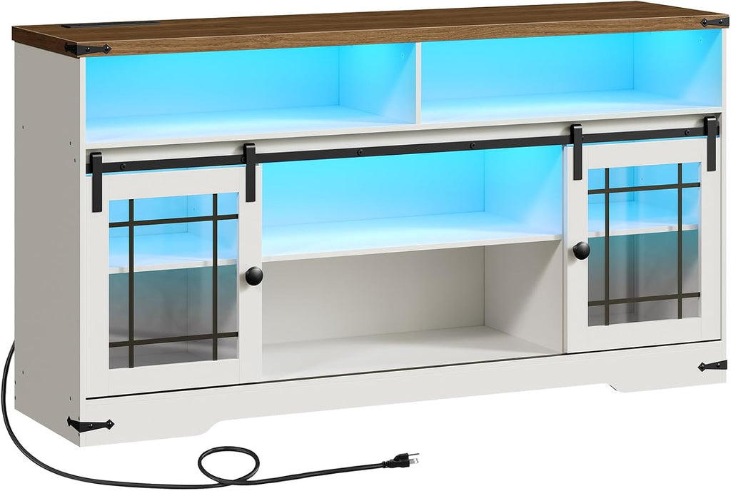 HOOBRO TV Stand for 65 Inch TV, Farmhouse Entertainment Center with LED Lights and Charging Station, Media Console TV Cabinet with Adjustable Shelves and Glass Doors for Living Room, White and Walnut