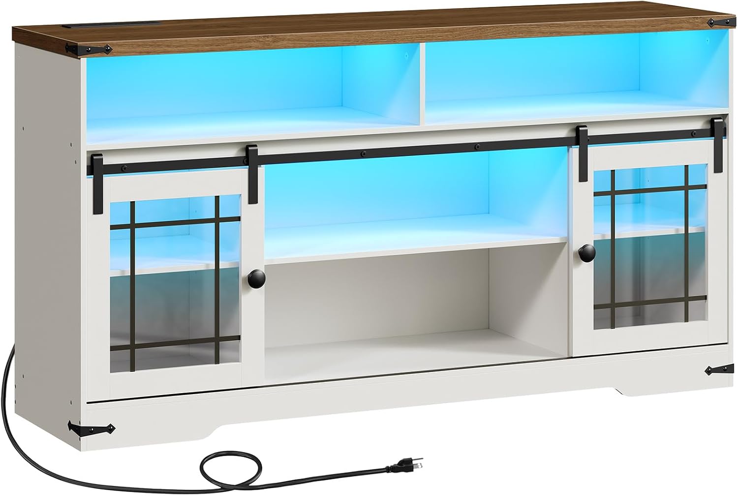 HOOBRO TV Stand for 65 Inch TV, Farmhouse Entertainment Center with LED Lights and Charging Station, Media Console TV Cabinet with Adjustable Shelves and Glass Doors for Living Room, White and Walnut
