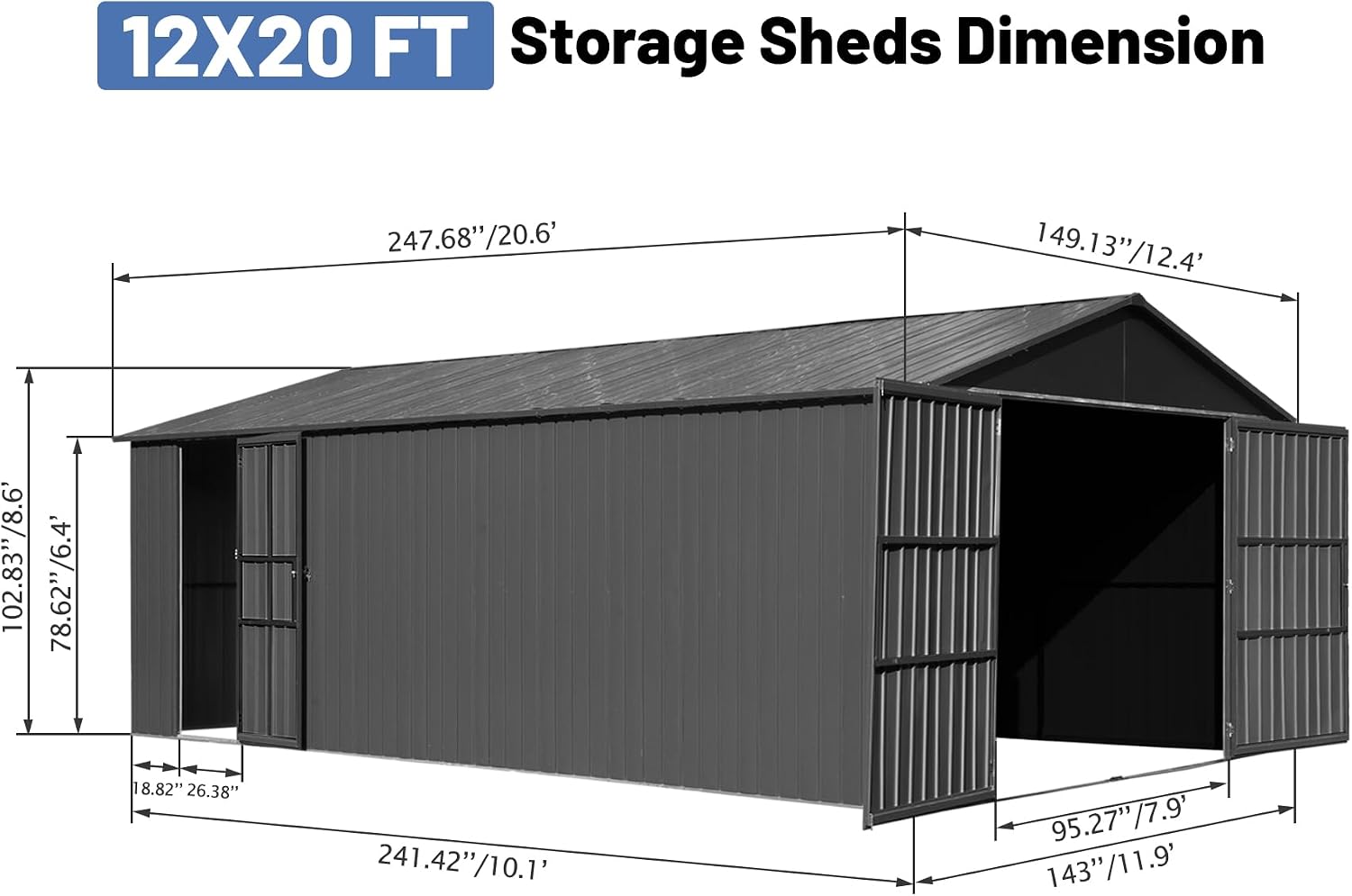 12x20FT Metal Carport, Heavy Duty Metal Garage with 2 Lockable Doors, Metal Steel Storage Shed, Metal Shed, Car Garage, Outdoor Large Garage for RV, Truck & Lawnmower -Dark Grey