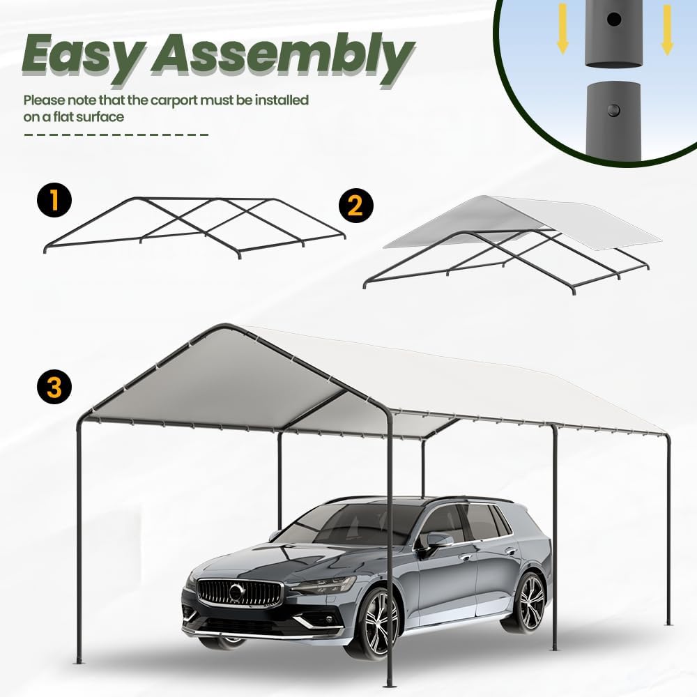 GOJOOASIS 10x20 Carport Heavy Duty Portable Garage Shelter Metal Car Canopy Tent with UV-Resistant & Weatherproof Top Cover for RV & Vehicles (White, 10x20 Without sidewalls)