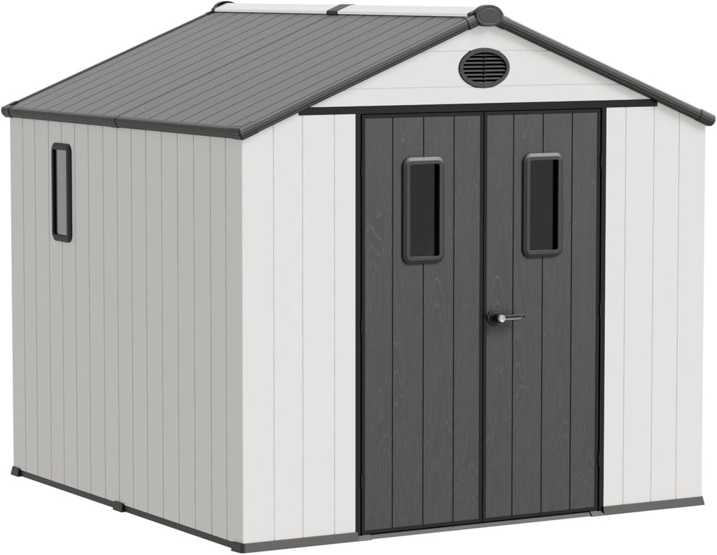 COOS BAY 8x8 Outdoor Storage Shed with Floor, Lockable Doors, All-Weather Resin Garden Tool Shed, White/Gray