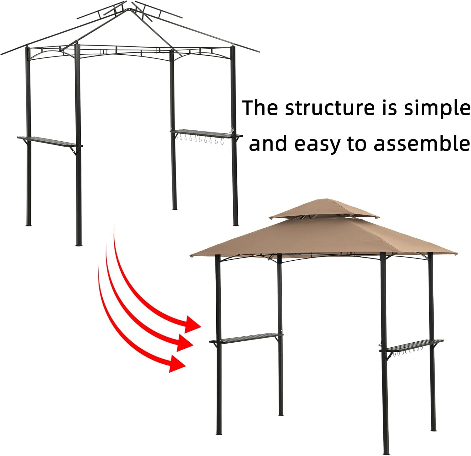 Outdoor Grill Gazebo 8x5 FT with Double Tier Canopy Steel Frame BBQ Shelter Tent for Patio Backyard Camping Includes Hooks Bar Counters & Windproof Design (Khaki)