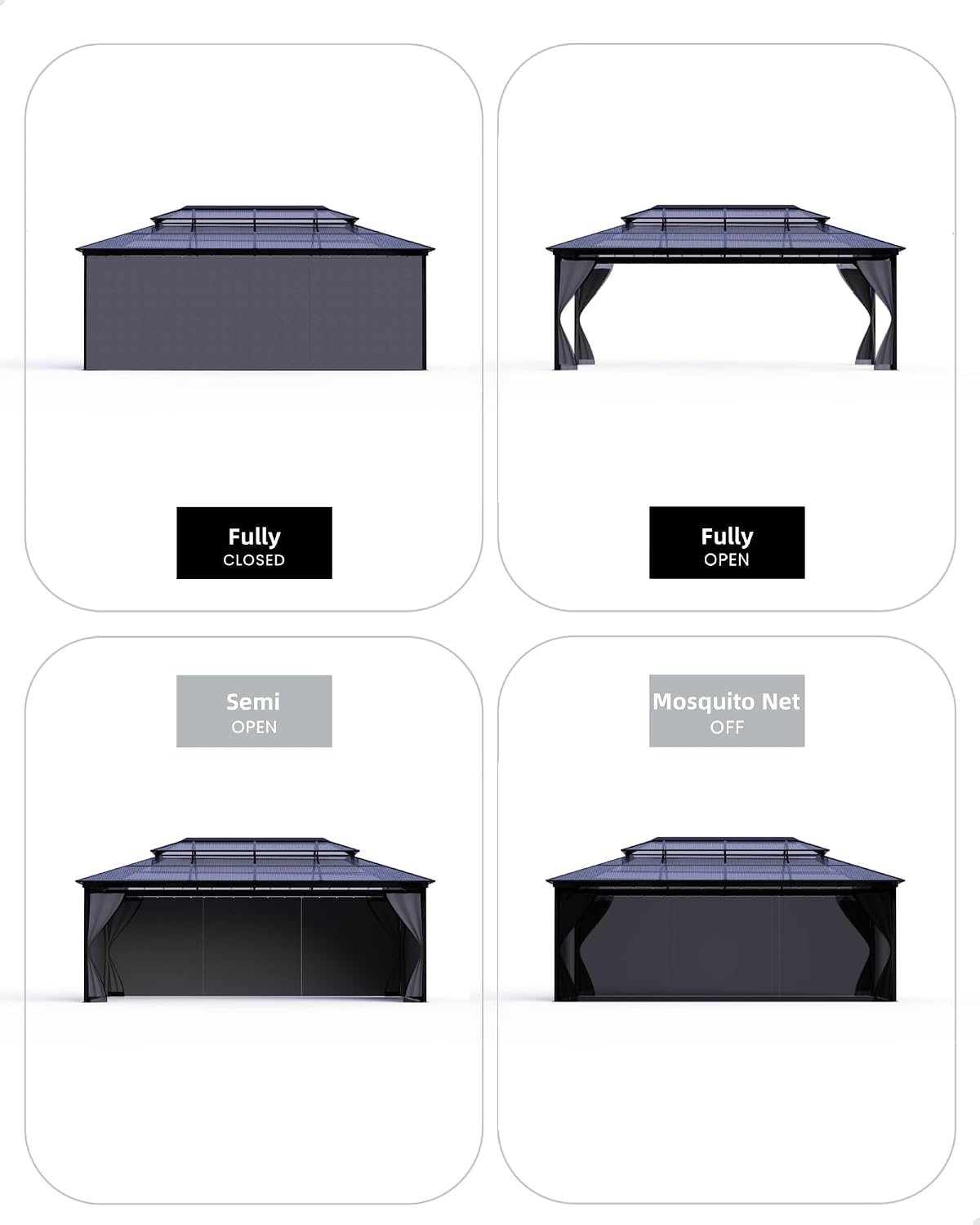 12' x 16' Permanent Hardtop Gazebo - Heavy Duty Aluminum Frame with Double Roof, Includes Curtains & Netting for Patio/Backyard/Garden (All-Weather)