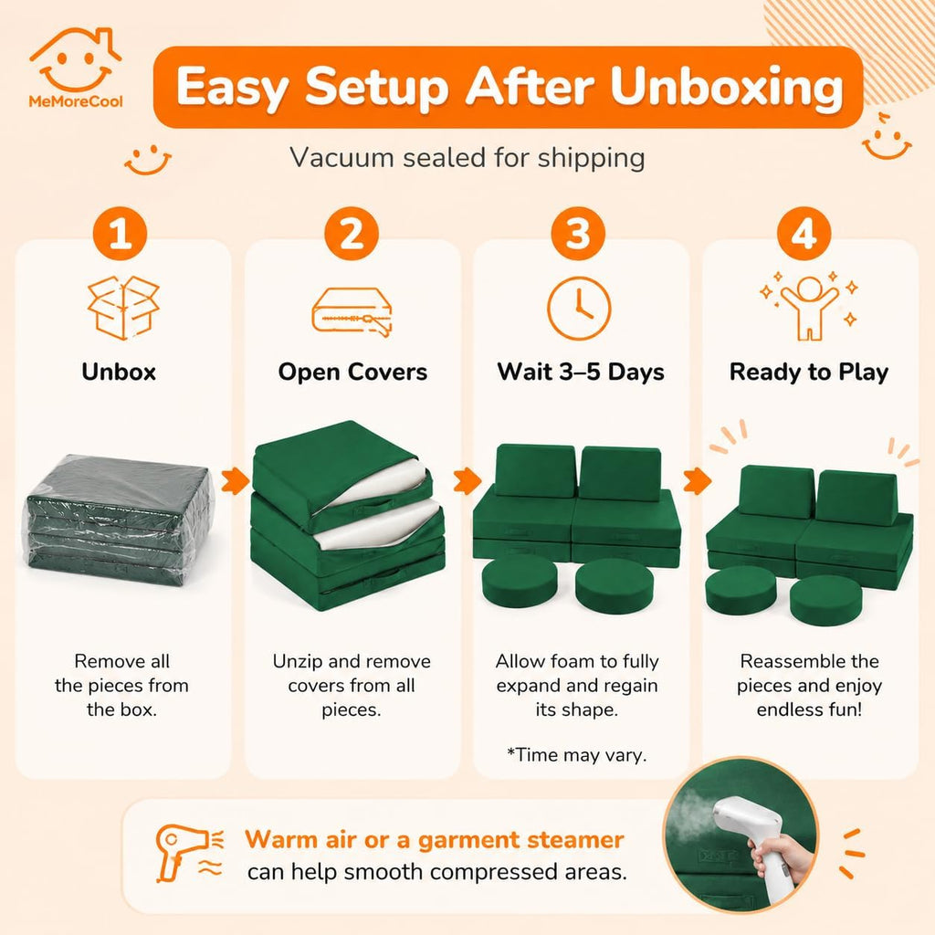 MeMoreCool Kids Play Couch, 8-Piece Modular Foam Sofa Fort Builder Set in Forest Green, Convertible Kids Couch with Washable Plush Cover for Playroom and Bedroom