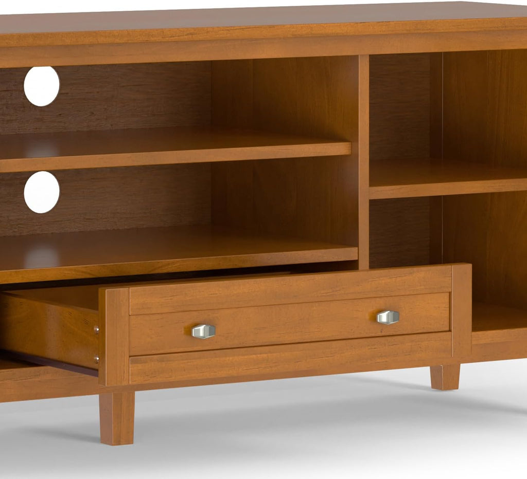 SIMPLIHOME Warm Shaker TV Stand - 60 inch Wide Solid Wood Media Console in Light Golden Brown, Transitional Entertainment Center for Living Room for TVs up to 65 Inches with Cable Management