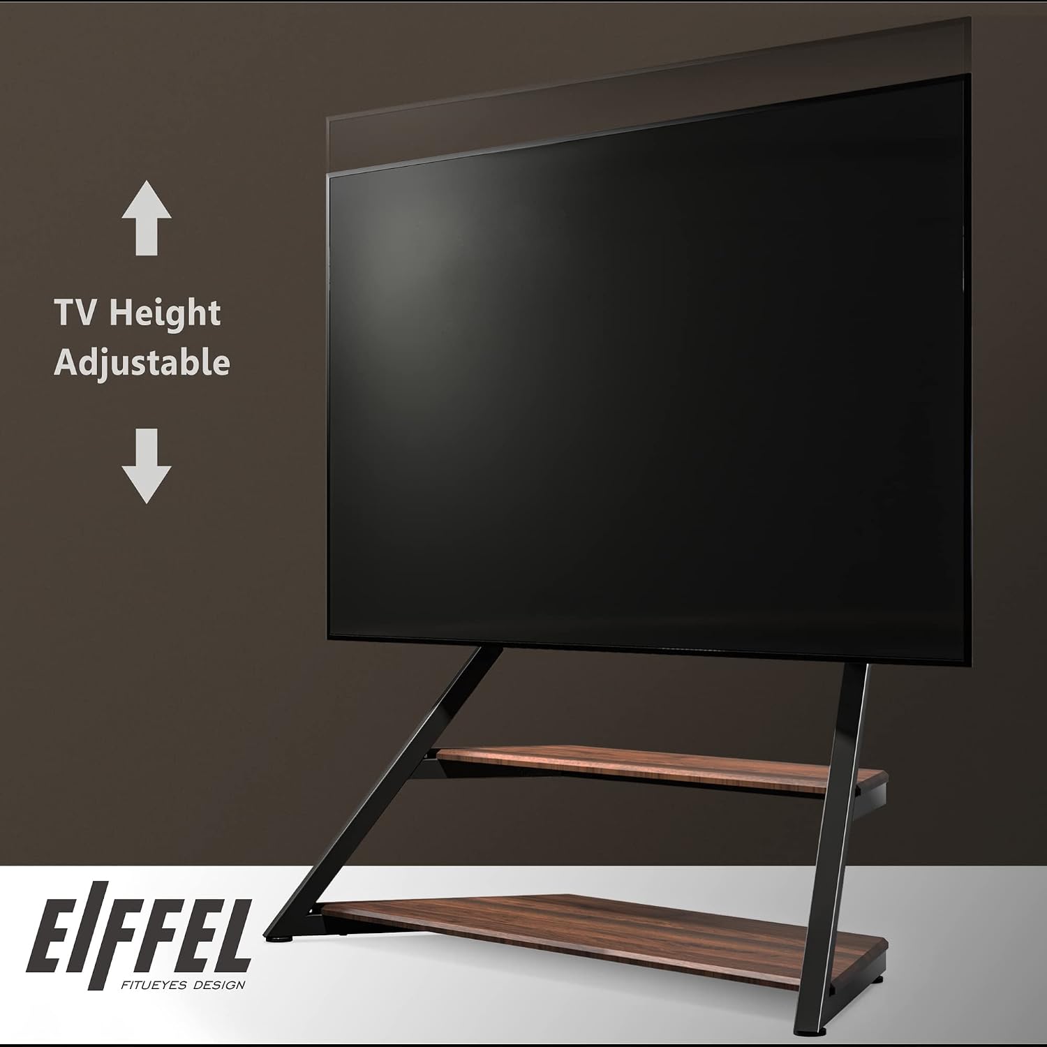 FITUEYES Design Large TV Floor Stand for 75 77 85 86 90 100 Inch TVs, Heavy Duty TV Stand Mount with Large Wood Entertainment Shelf, Modern Living Room Television Stands, Up to 187 lbs, Eiffel Series